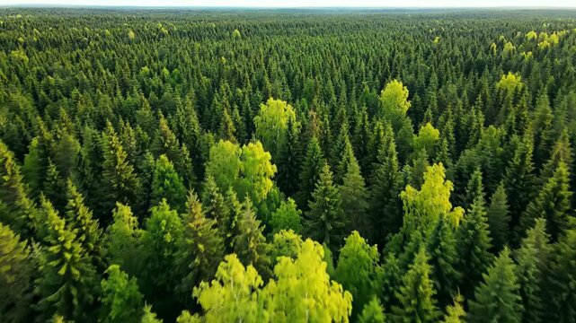 Aerial view of a dense evergreen forest canopy with bright green deciduous trees interspersed during sunny daylight 4k video