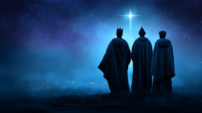Epiphany and Christmas religious nativity concept: Three wise man against star of cross over night background. Old vintage style tone - Powered by Adobe
