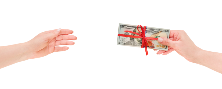 Female hand gives to another female US dollar money cash with red ribbon and bow isolated in white background with clipping path. Design element. US Dollars money as a gift, win or bonus concept.