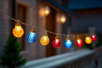 Colorful string lights highlighting the architecture of a suburban home