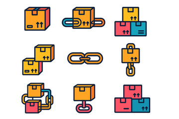 Colorful icons representing shipping, packaging, and logistics on a bright background for modern design purposes
