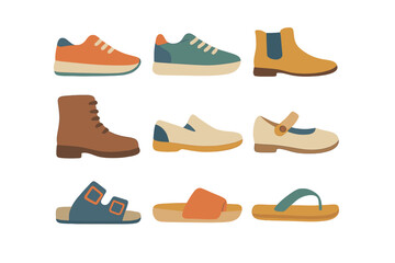 Collection of colorful footwear designs displayed in a neat arrangement showcasing various styles and types