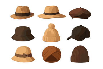Various styles of hats displayed in a flat layout highlighting different colors and designs