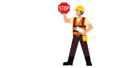 Construction Worker Holding Stop Sign and Blueprints