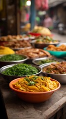 Obraz premium Vibrant street food stall with an array of delicious asian dishes
