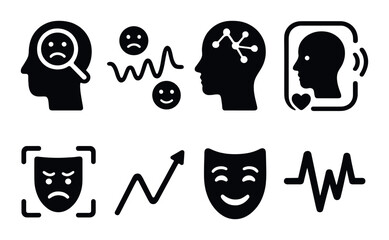 Obraz premium Black silhouette icons of human heads with emotions and brain waves on dark background
