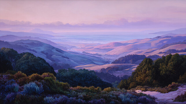 A breathtaking panoramic view of rolling hills and valleys bathed in soft morning light