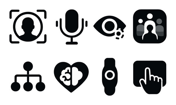 Black technology icons featuring microphone, eye, brain, touch gesture, and face recognition