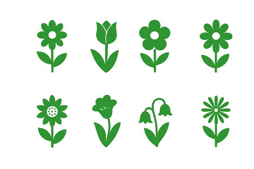 Different types of flower icons in green color suitable for design projects