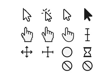 Various cursor icons displayed on a white background showing different styles and functions in digital interfaces