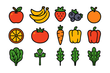 Colorful array of fresh fruits and vegetables displayed on a white background featuring various healthy options