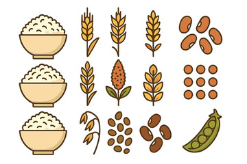 Various bowls of rice, ears of wheat, and different types of beans are illustrated in a simple style