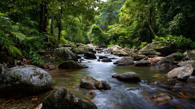 A gentle stream flowing over smooth stones surrounded by lush greenery capturing movement harmony and the interconnected nature of living ecosystems 