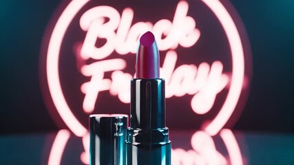 Open tube of dark pink lipstick standing on reflective surface with bright pink neon sign saying black friday in background
