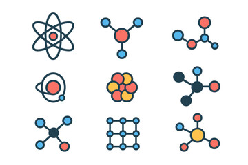 Collection of colorful science symbols representing atoms and molecules on a simple white background for educational purposes