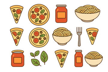 Colorful illustrations of pizza, pasta, and sauce reflecting Italian cuisine with vibrant ingredients