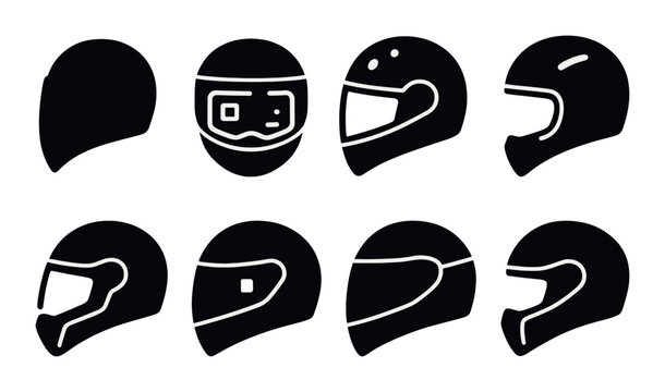 Stylized icons of various motorcycle helmet designs