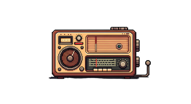 antique tuner radio PNG pixel art illustration showing a classic wooden radio with circular dials and speaker grill, ideal for retro tech themes and audio collectibles
