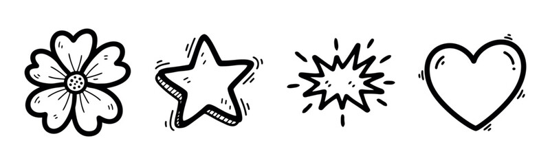 Obraz premium Simple black and white doodle style icons of flower, star, burst, and heart