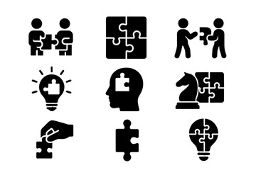 Collaborative teamwork and problem-solving concepts illustrated with puzzle pieces and symbols