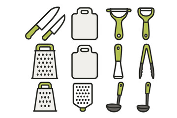 Collection of kitchen tools including knives, cutting boards, and utensils on a white background suitable for cooking preparation