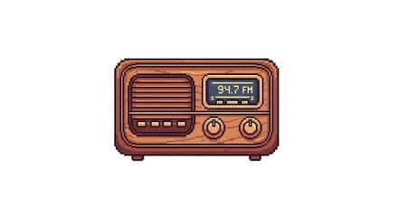 Fototapeta premium vintage tabletop radio PNG pixel art illustration featuring a brown retro radio with dual dials and digital panel, perfect for nostalgic collectibles and audio icons