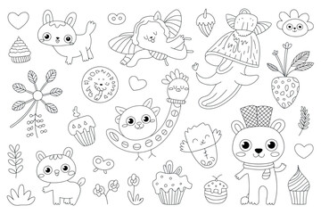 Line drawing of cute animals plants and desserts for coloring or decoration