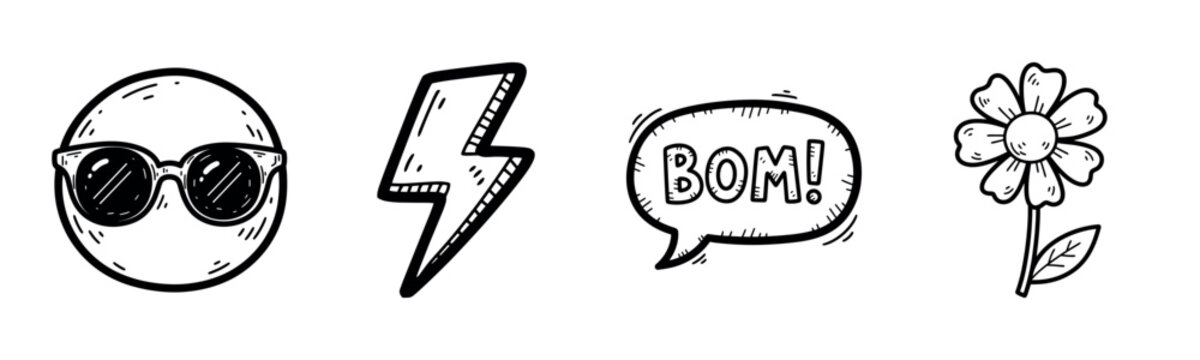 Playful doodle icons: sunglasses emoji, lightning, boom text, flower