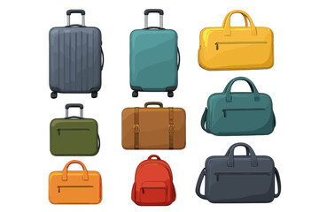 Different types of luggage including suitcases and bags displayed against a white background for travel needs