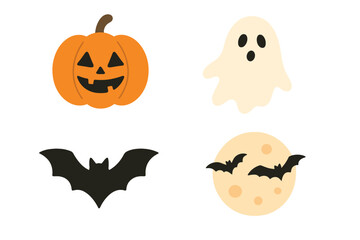 Colorful Halloween decorations featuring a pumpkin, ghost, bat, and moon on a white background