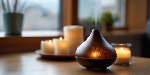 Aromatherapy diffuser with lit candles on wooden table by window