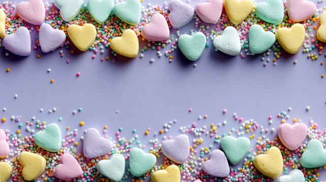 Sweet romantic border of pastel conversation heart candy and sugar sprinkle on purple background. sweet and loving celebration concept
