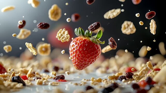 strawberry in midair with granola and raisins.