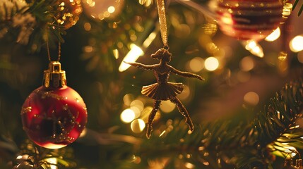 close-up photo of an ornament on a christmas tree, featuring a ballerina dancing. the background includes christmas lights, with warm lighting in a dark room
