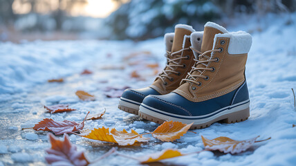 Close Up of Pair of Brown Leather Winter Boots with Fur Lining and Laces Resting on Snowy Wooden Bench Outdoors with Falling Snowflakes