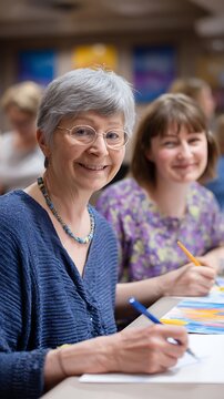 Elderly person focusing intently while learning to sketch in a class setting