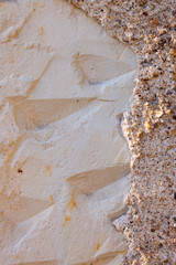 Vertical close-up of carved stucco wall meeting rough aggregate concrete, warm light accenting textures, versatile abstract architectural background for layouts or posters.