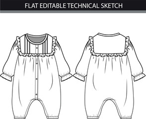 Toddler romper baby clothes flat sketch Vector outline illustration.