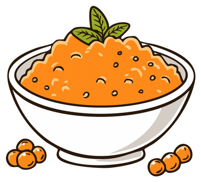 Delicious orange berry compote in a white bowl with fresh mint leaves and berries