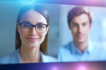 Stylized split screen interface showing people collaborating remotely during a video call