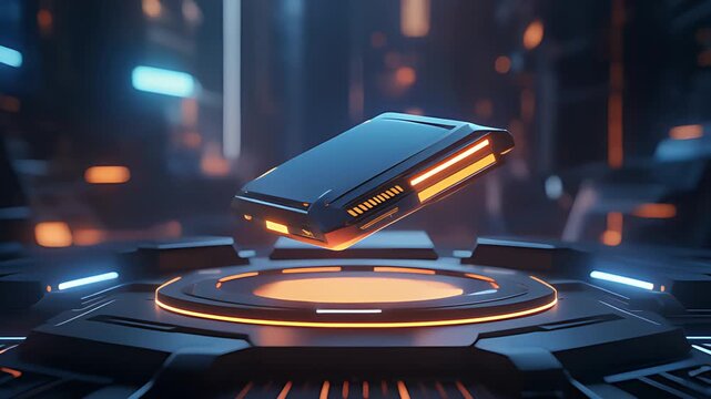 Futuristic Floating Tech Device Above Glowing Sci-Fi Platform in High-Tech Environment