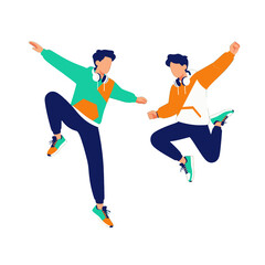 Dynamic young man dancing with headphones in bright colors