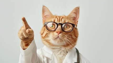 cute cat wearing glasses and a doctor's coat, pointing upward with one hand against a white background