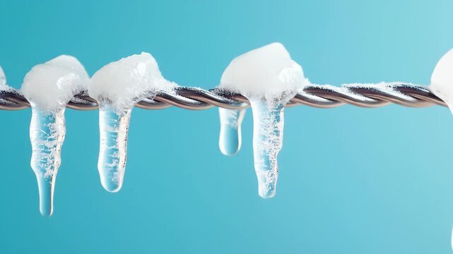 Chilling icicles cling to a twisted wire, a clear demonstration of ice formation during freezing temperatures. This crystalline freeze offers a stark image of winter's grip.