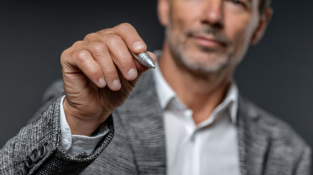 Focused professional businessman writing with pen on transparent digital interface. Man with modern technology concept for business