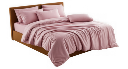 Comfortable bed with soft pink duvet cover, pillows, and sheets, ready for a restful nights sleep, isolated on transparent background