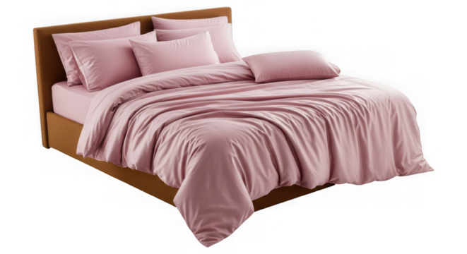 Comfortable bed with soft pink duvet cover, pillows, and sheets, ready for a restful nights sleep, isolated on transparent background
