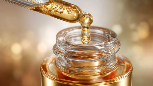 Golden nourishing serum droplet falling from glass dropper. Luxurious cosmetic elixir for beauty and skincare against sparkling bokeh background