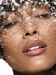 Close-up beauty portrait of a woman with snow on her skin and hair, creating a soft, frosty, winter atmosphere.