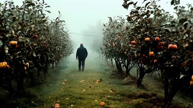 A foggy, atmospheric scene set in an orange grove with a solitary figure in the distance. The style is cinematic, with a focus on mood and atmosphere over detailed realism.